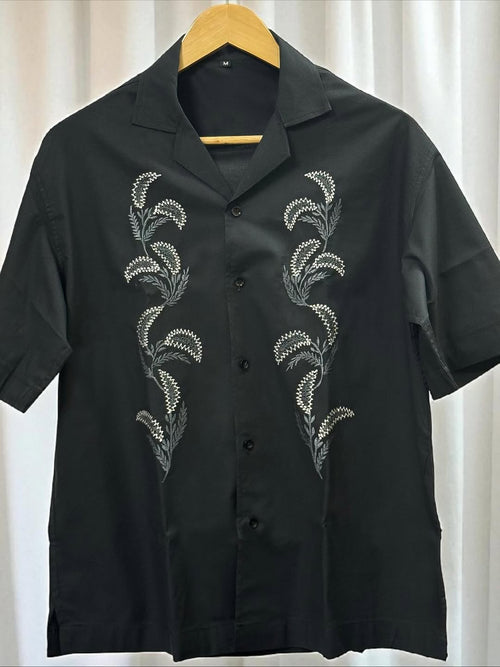 Dark Gray Cuban Collar Drop Shoulder Shirt.