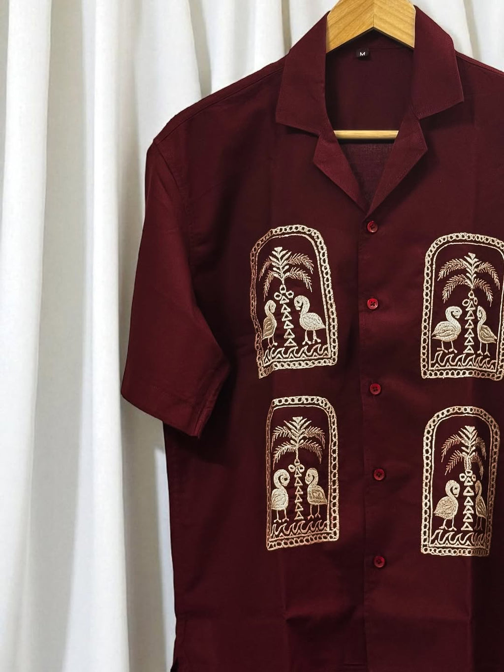 Maroon Cuban Collar Drop Shoulder Shirt