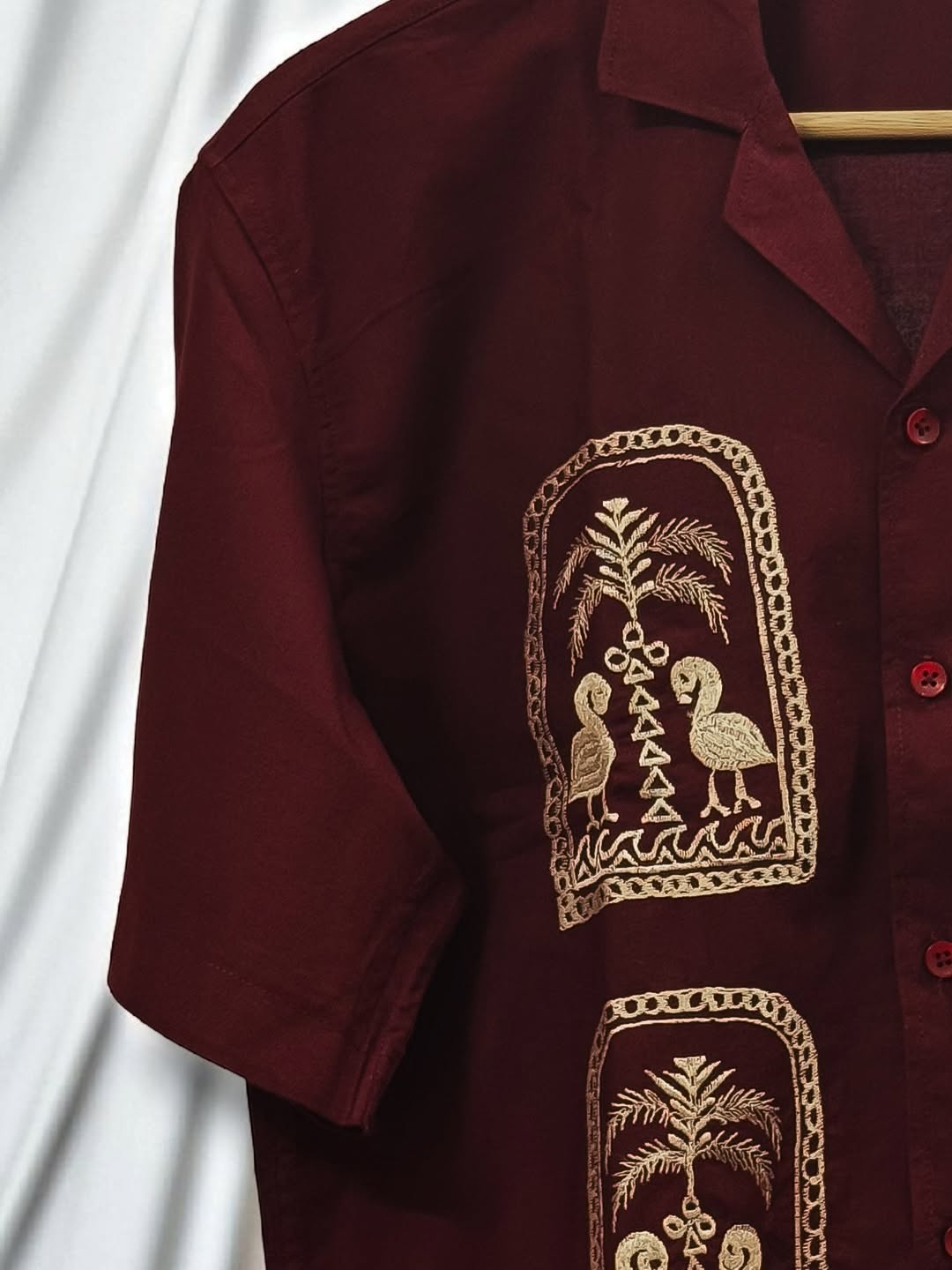 Maroon Cuban Collar Drop Shoulder Shirt