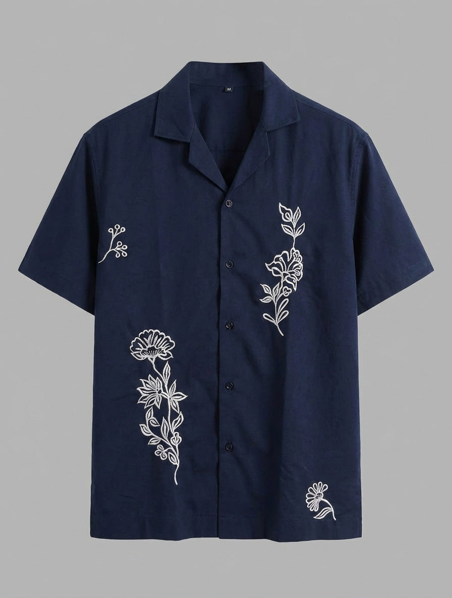 Navy Cuban collar drop shoulder shirt